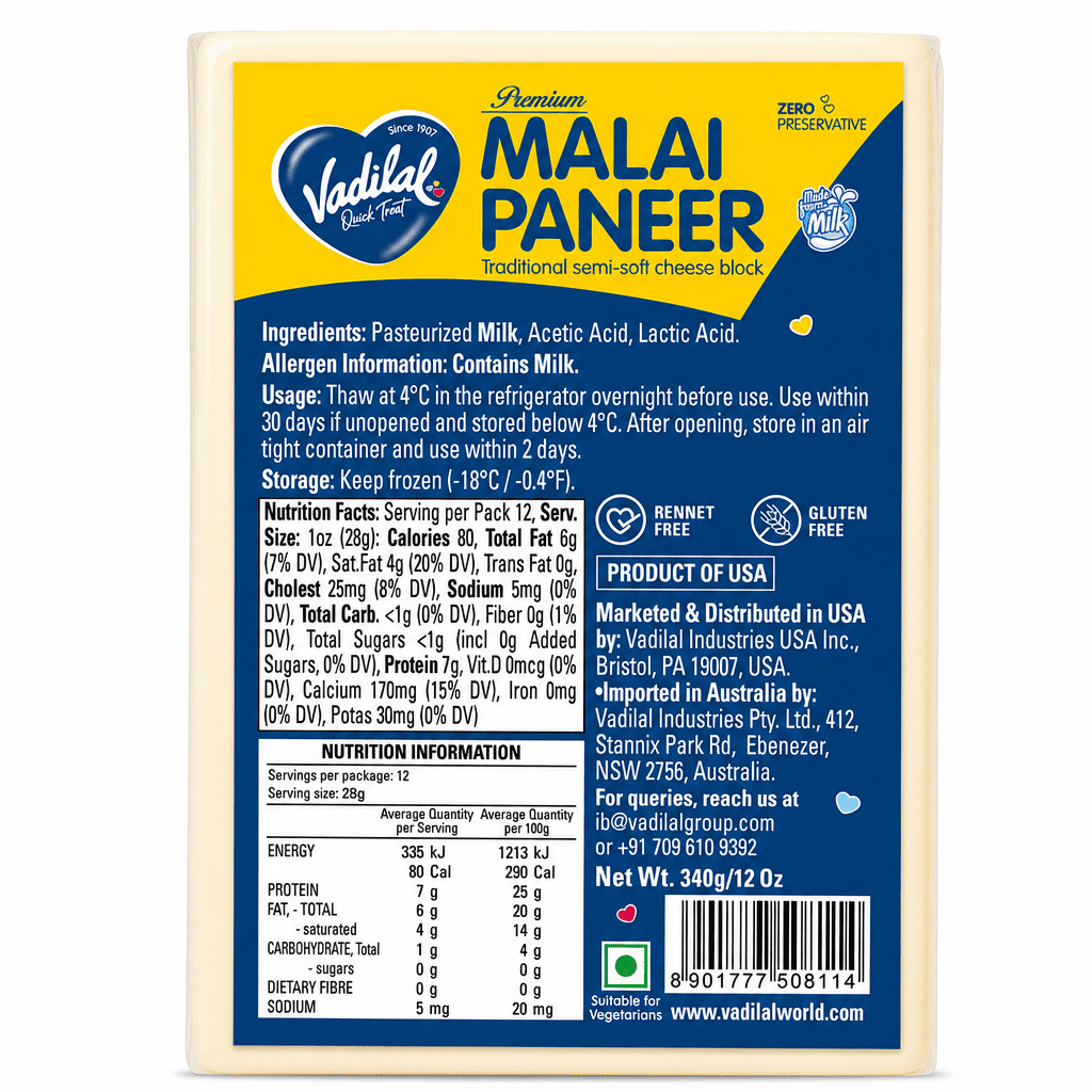 Vadilal Malai Paneer, Frozen 340 g