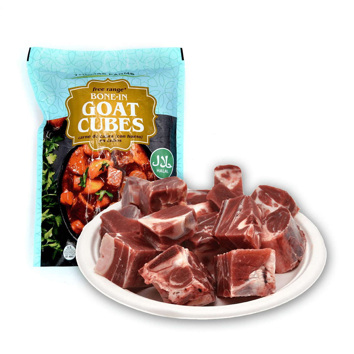 Free Range Bone-in Goat Cubes, Skinless (Halal), Frozen 2 lb