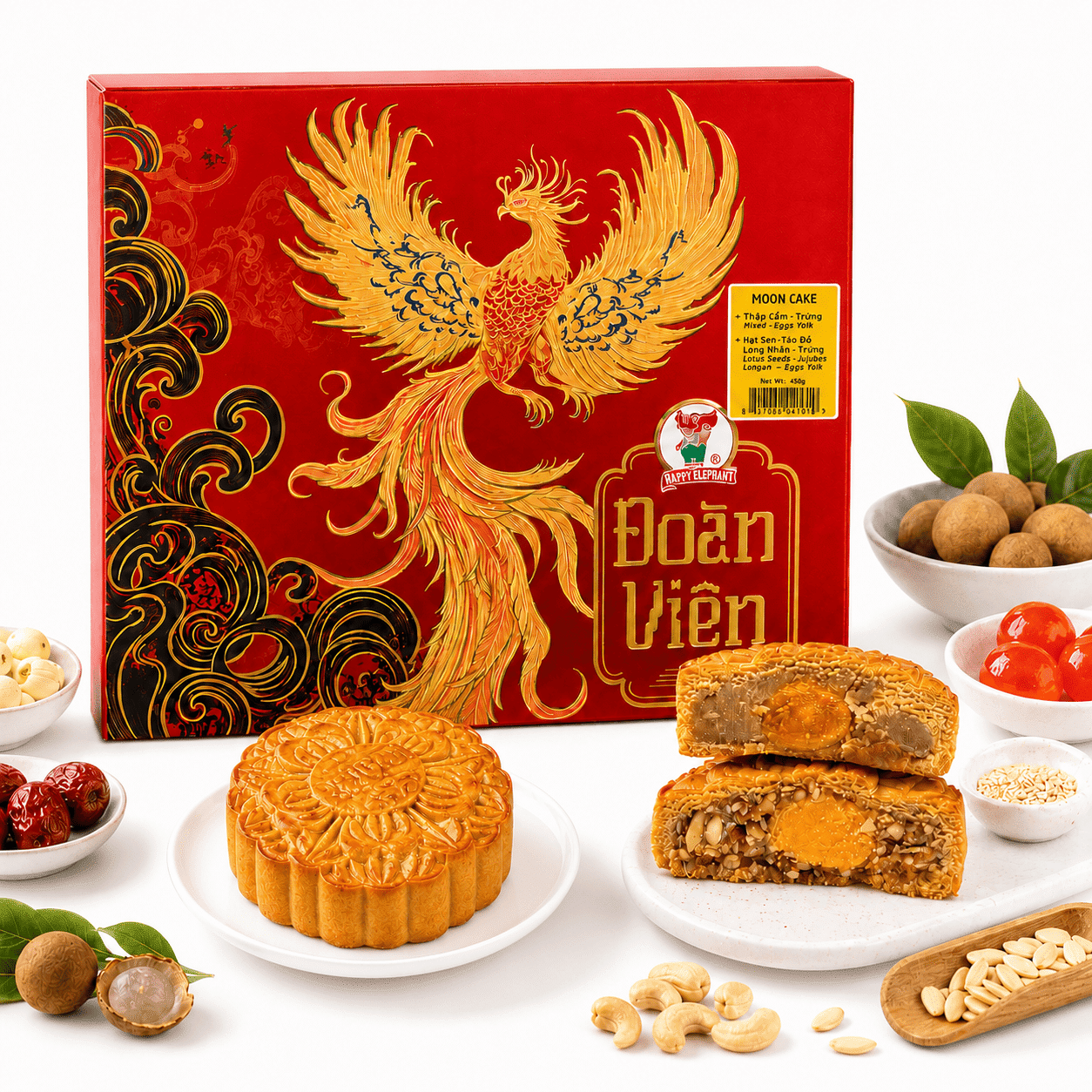 Happy Elephant ขนมไหว้พระจันทร์พรีเมียม ไส้เมล็ดบัว พุทราจีน ลำไย (ไข่เค็ม) 2 ชิ้น & ไส้รวม (ไข่เค็ม) 2 ชิ้น 480 กรัม
