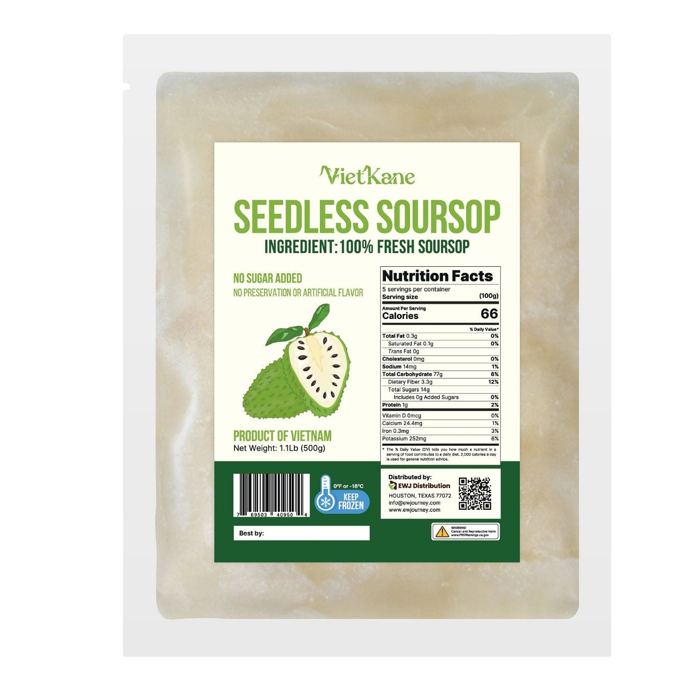 Vietkane Seedless Soursop, Frozen 500 g