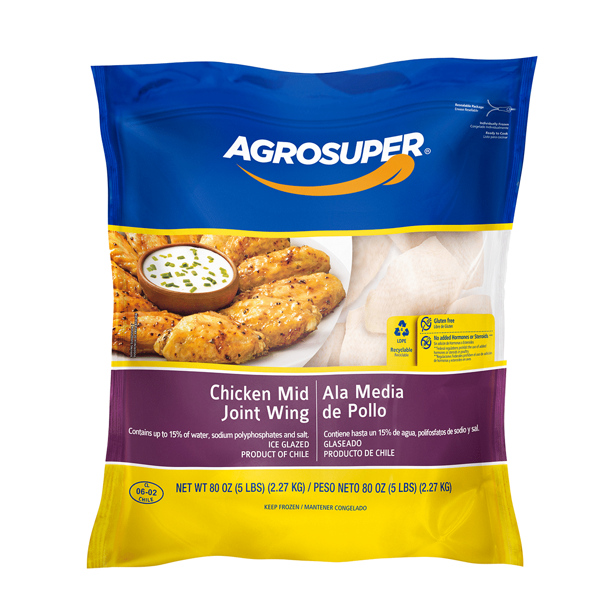 Agrosuper Chicken Mid Joint Wings, Frozen 5 lb