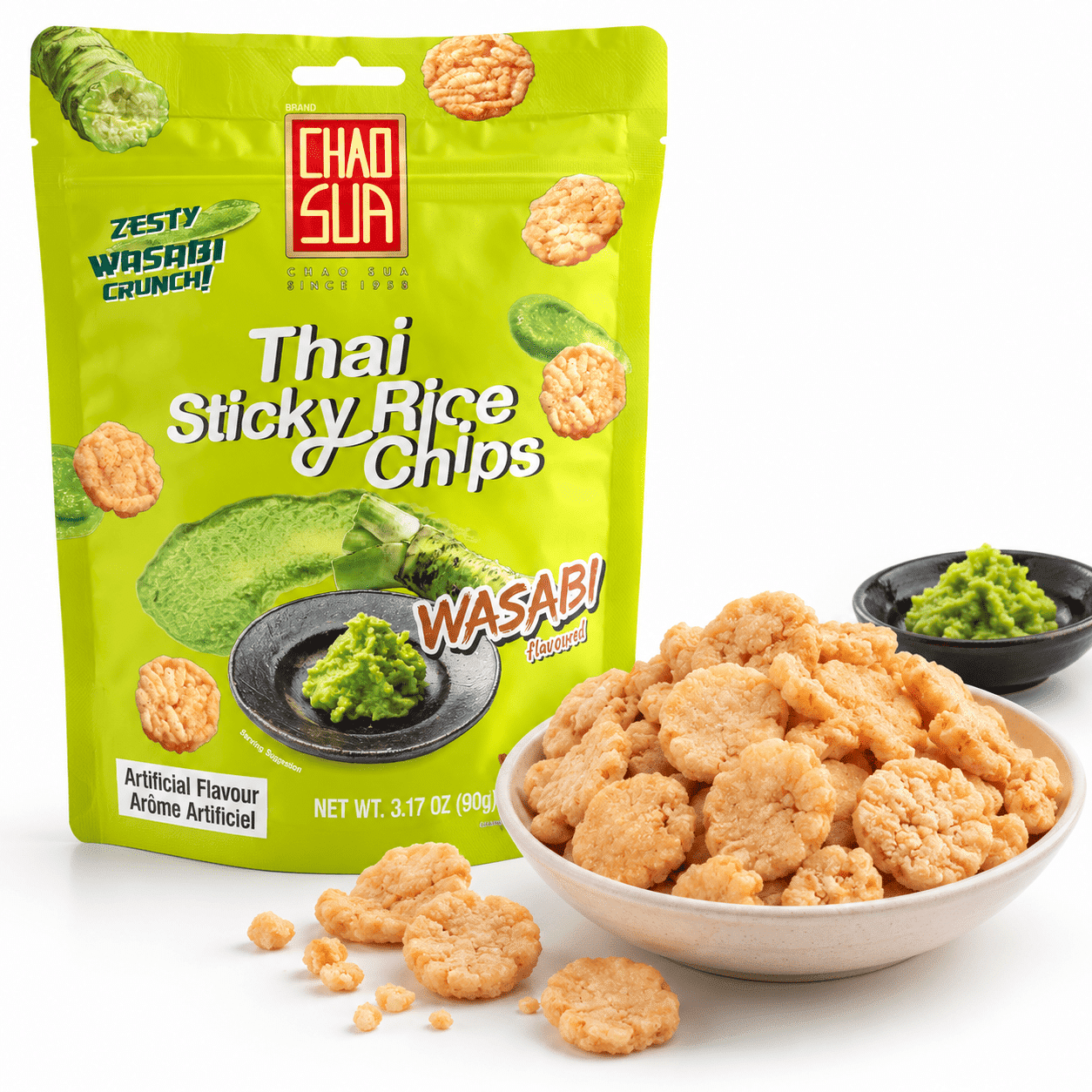 Chao Sua Thai Sticky Rice Chips - Wasabi 12/3.17oz 3.17 온스