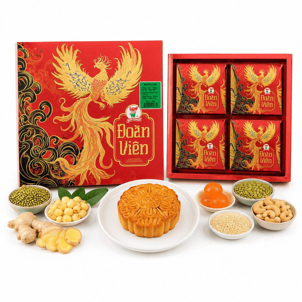 Bánh Trung Thu Đậu Xanh Hạt Dưa Trứng 2 cái/ Thập Cẩm Trứng 2 cái Happy Elephant 480 g