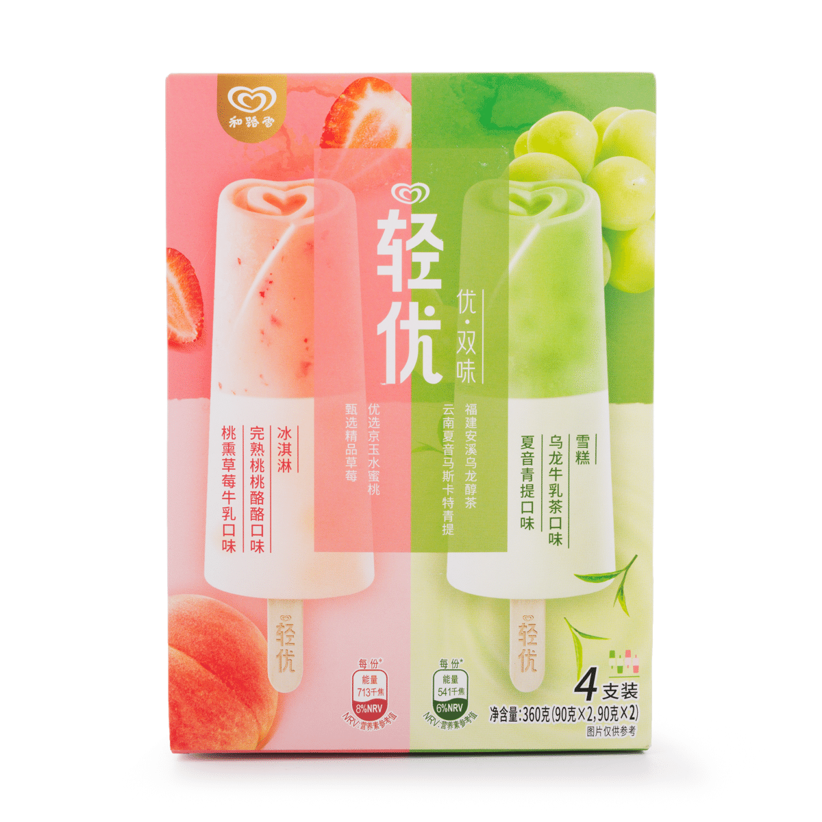 Wall's Mixed Flavor Ice Bar, Green Grape with Woolong Tea and Strawberry with Peach 4pcs 360 그램