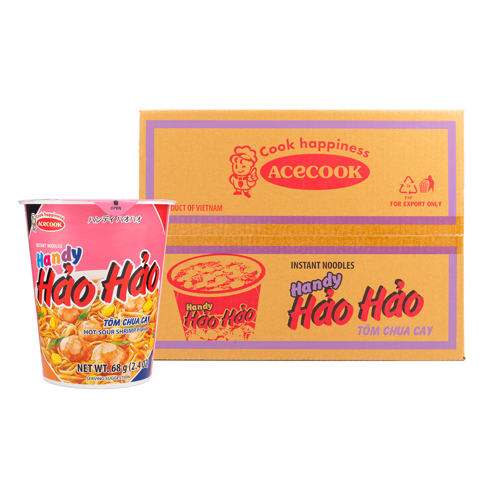 Acecook Handy Hao Hao Chilli and Lime Shrimp Cup Noodle 2.4 oz*12 counts