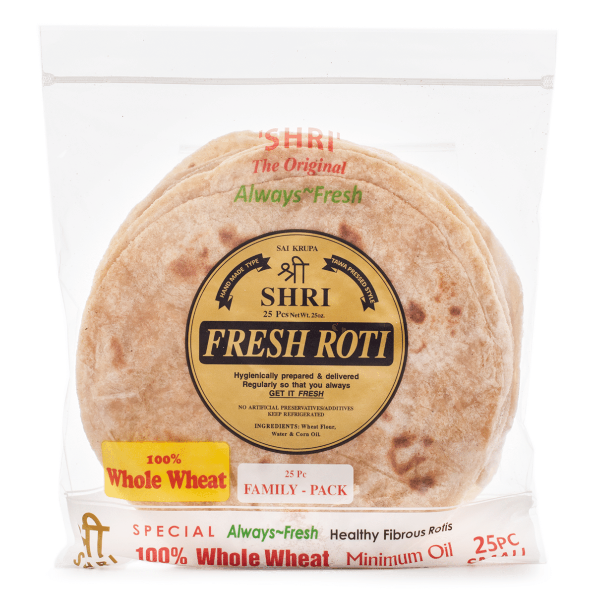 Shree Whole Wheat Fresh Roti (25 Pcs), Frozen 21.87 oz