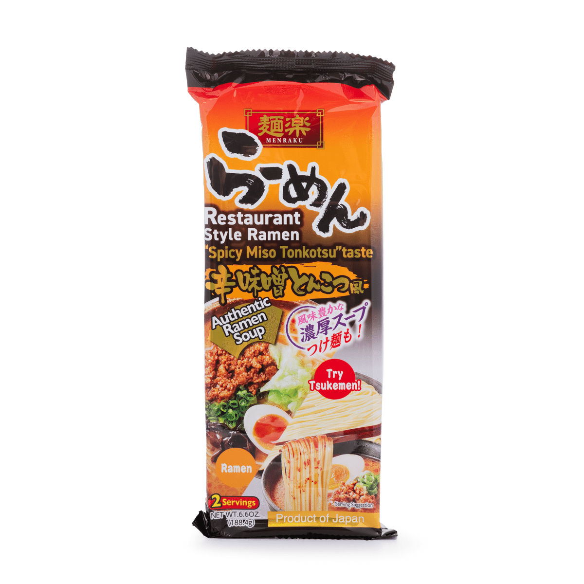 Menraku Restaurant Style Ramen Spicy Miso Tonkotsu Flavor 2 Meals 6.6 온스*12 팩