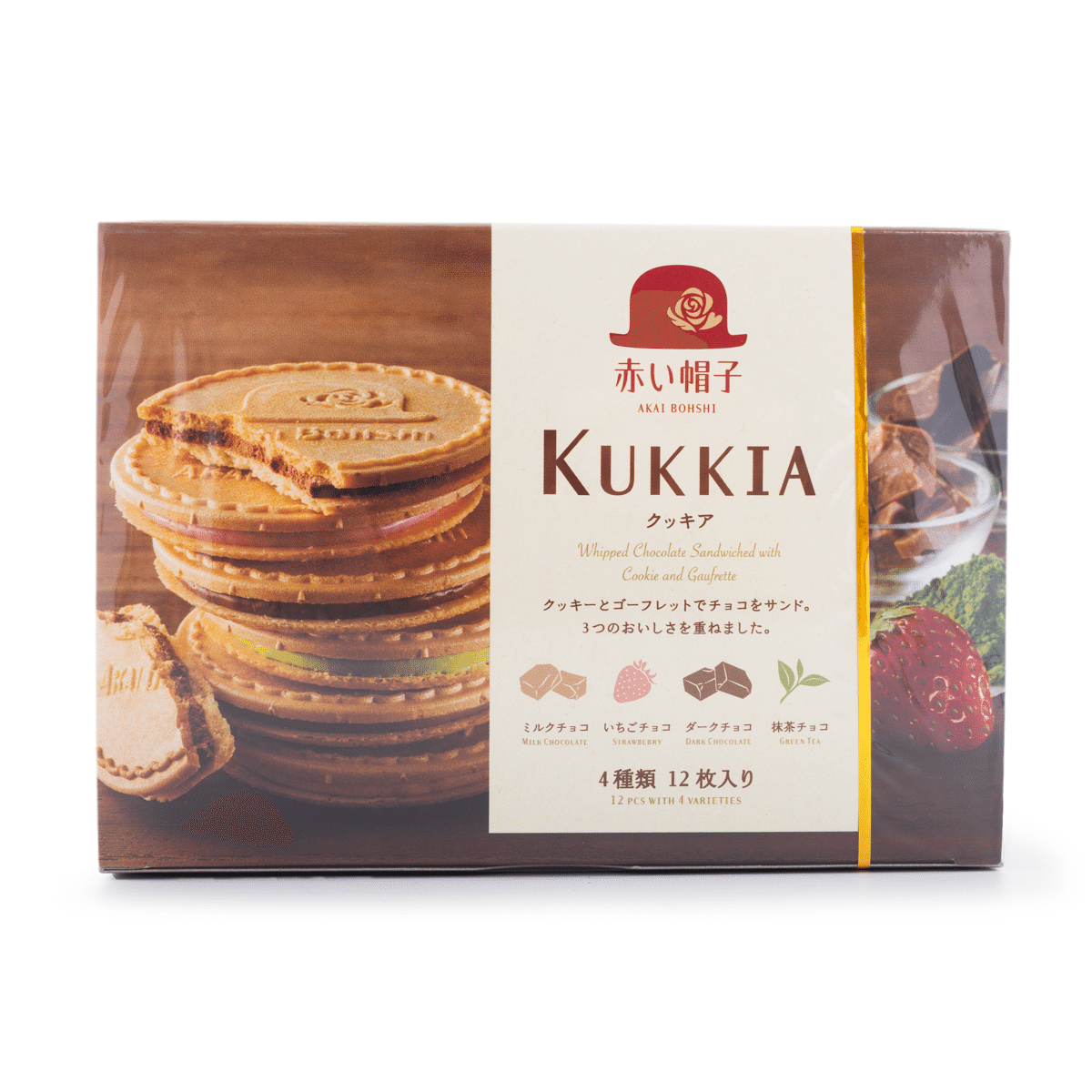 Akai Bohshi Kukkia Whipped Chocolate Sandwiched with Cookie 4 Flavor 12pcs 93.6 g*20 pack