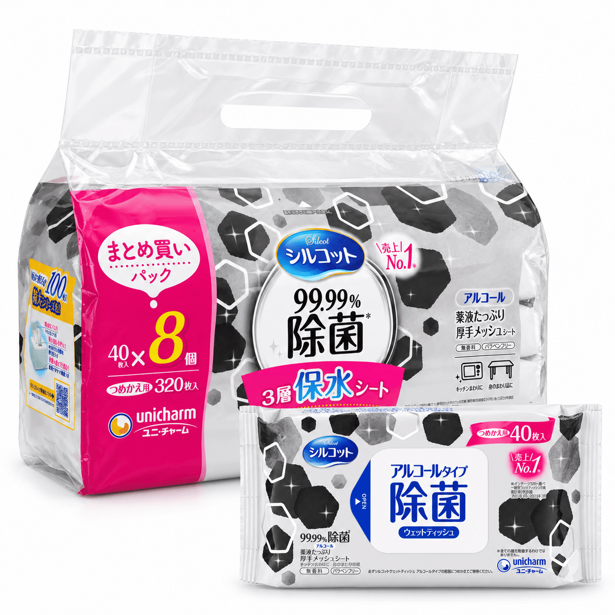 UNICHARM Silcot 99.99% Antibacterial Wet Wipes Refill (40 Sheets × 8 Packs) 1 count
