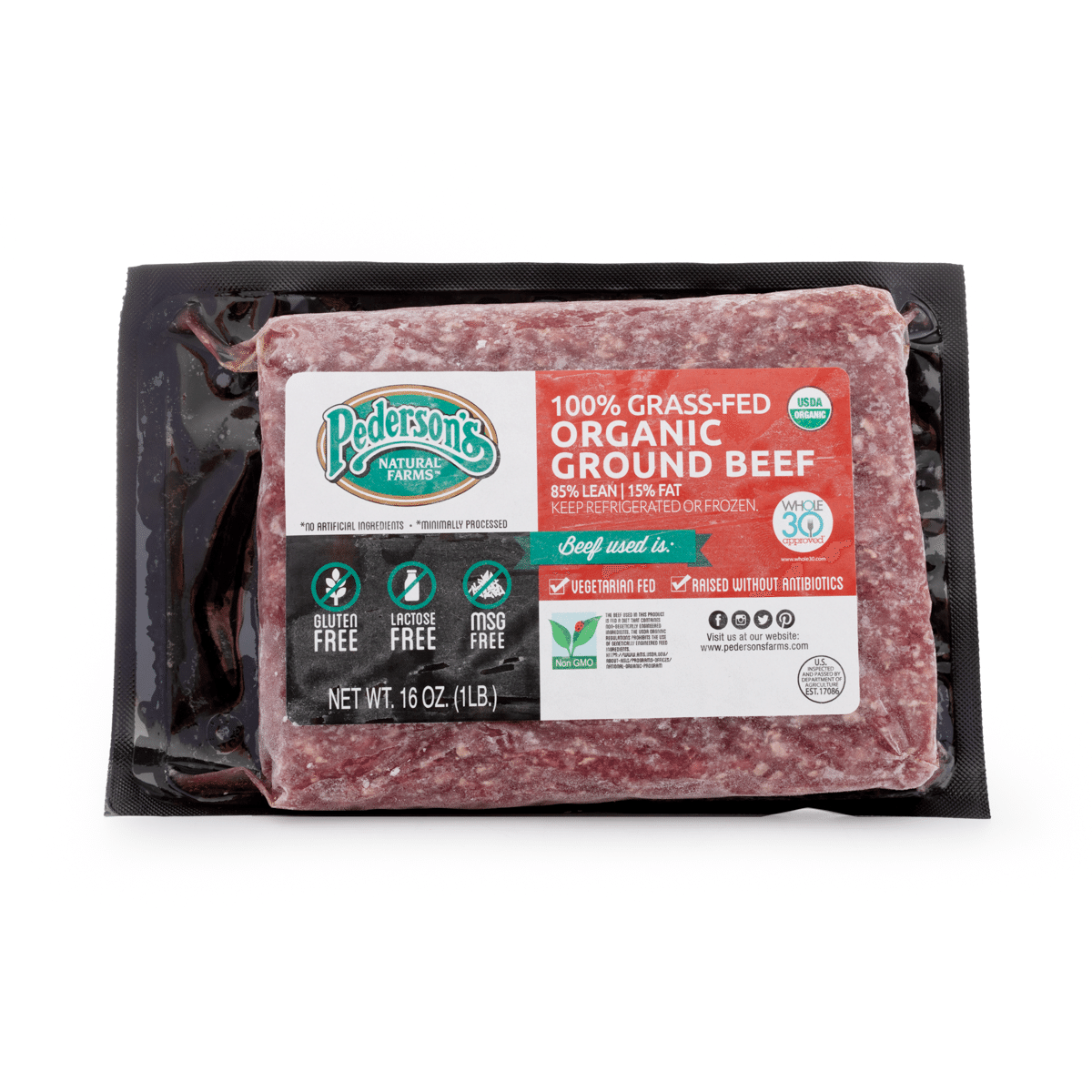 Pederson's 100% Grass-Fed Organic Ground Beef 85%Lean|15%Fat 1 lb