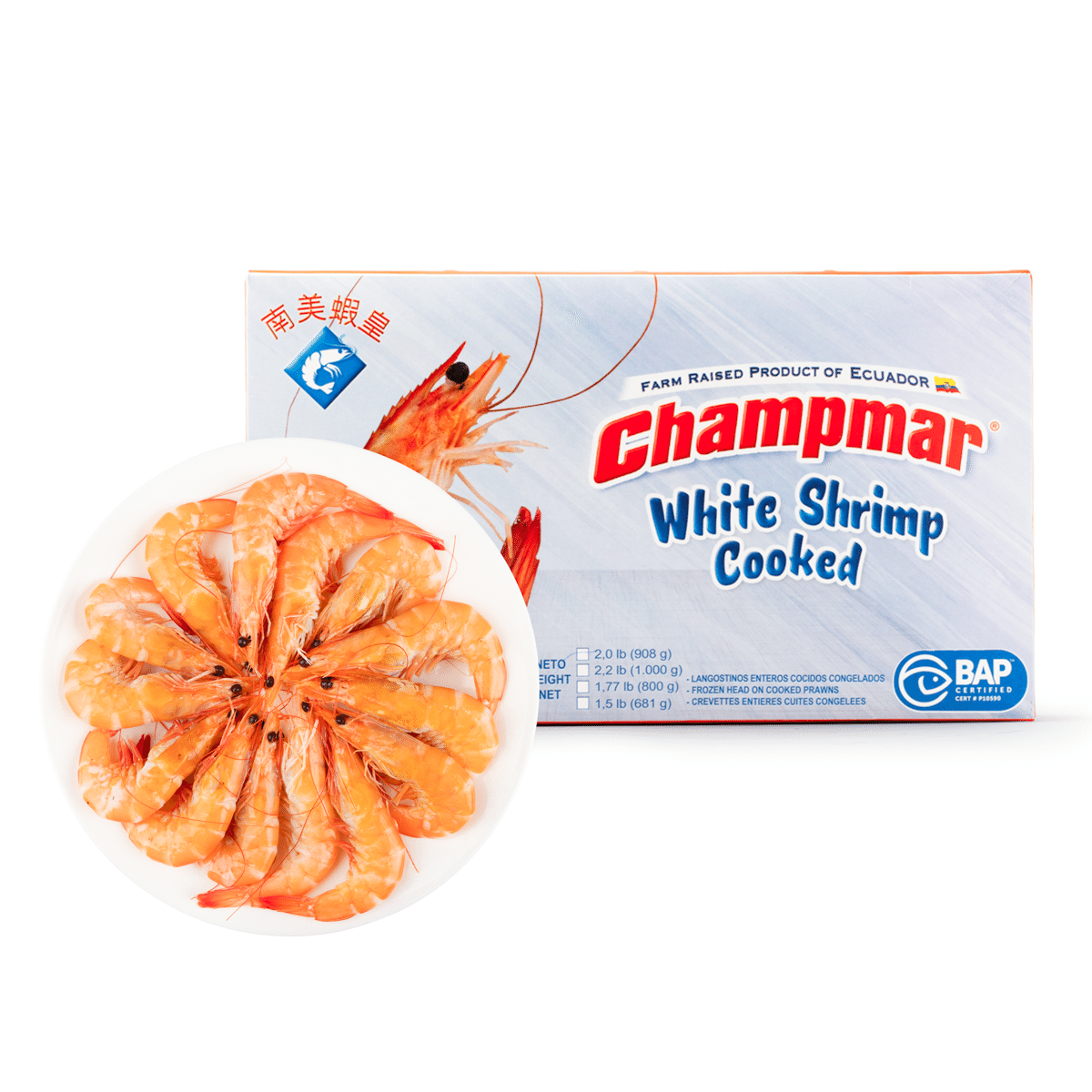 Champmar Whole White Live Cooked Head On Shrimp 2 lb
