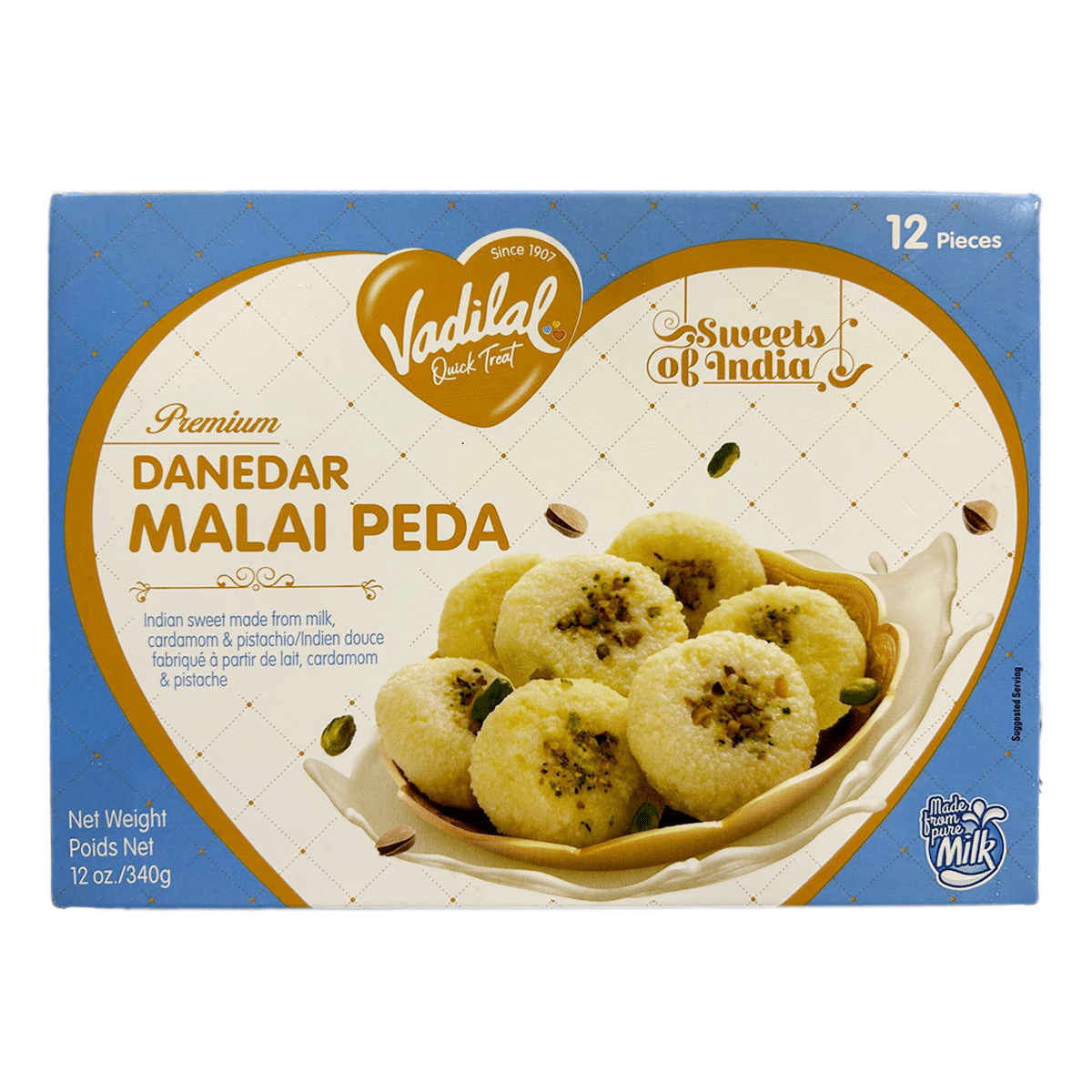 Dulce indio de leche Danedar Malai Peda Vadilal con cardamomo y pistacho 340 g