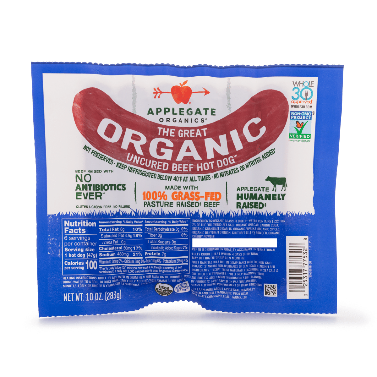 Applegate Grassfed The Great Organic Uncured Beef Hot Dog 10 oz
