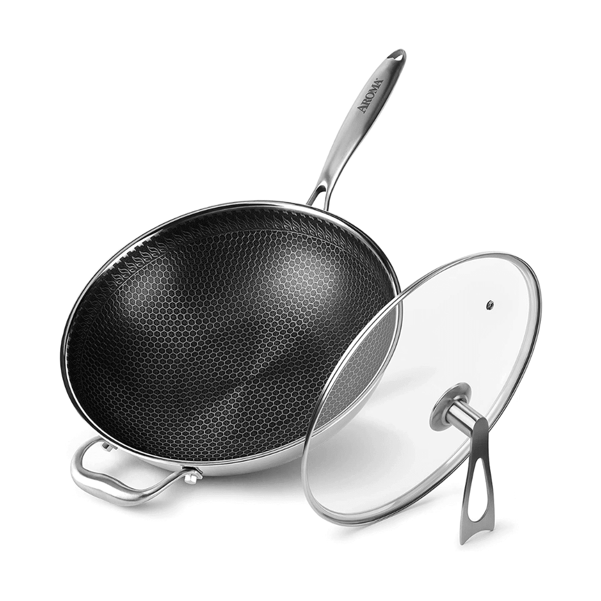 美国AROMA 304不锈钢蜂窝炒锅 带可支撑玻璃盖+锅铲 直径32cm 1 个